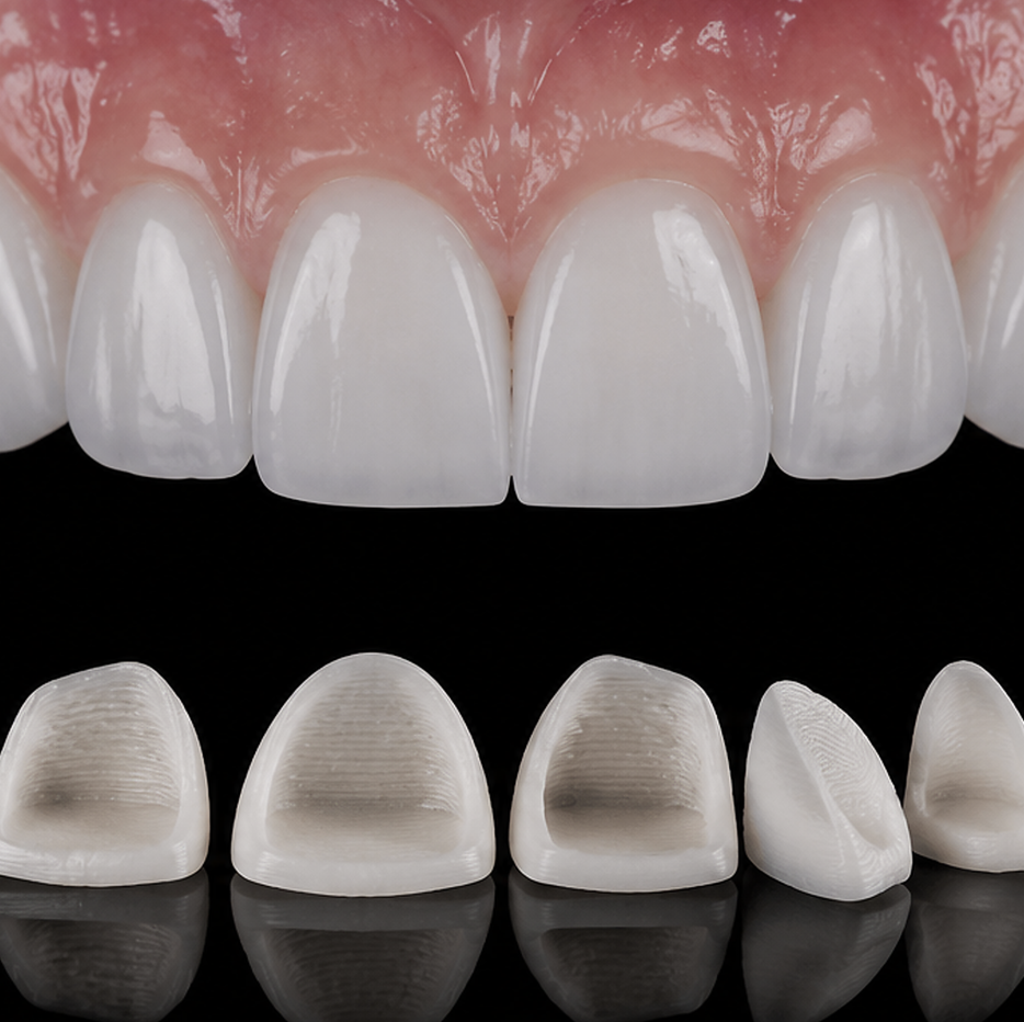A thin no-prep veneer held over a front tooth on a dental model.