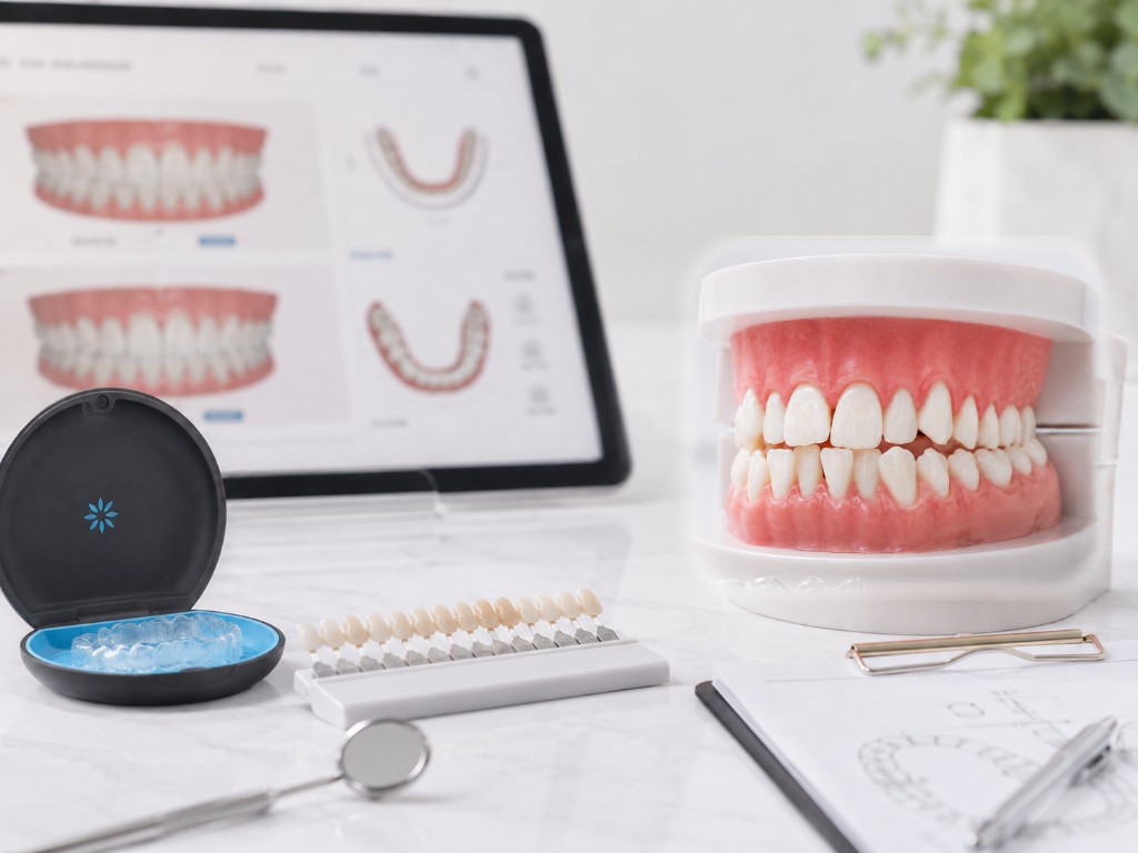 Dental consultation setup on marble: a tablet showing digital scans, a dental model, a clear aligner in an open case, a shade guide, and a chart.