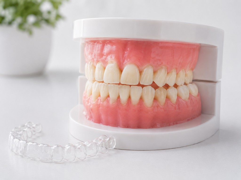 Closed dental model of aligned teeth on a white hinge, with a slightly soft-focus clear aligner tray in the foreground.