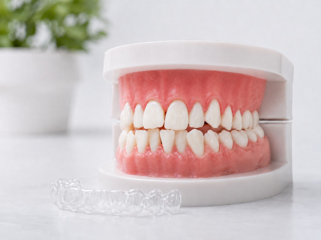Dental model of upper and lower teeth with a clear aligner tray in the foreground and a plant in the background.