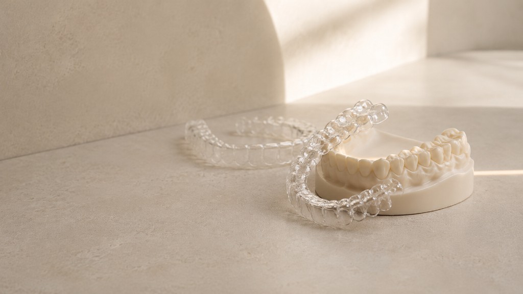 Clear aligner trays with a dental model, one tray seated on the teeth.