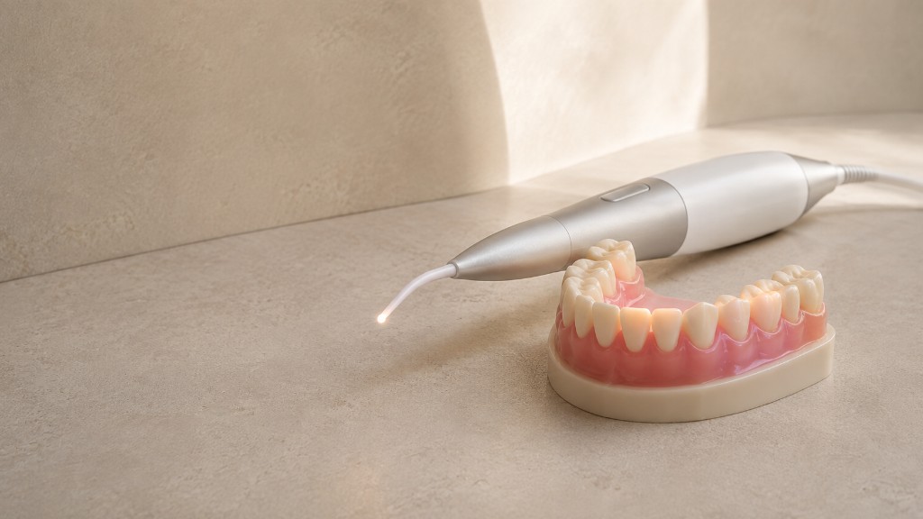 A dental laser handpiece beside a lower-jaw model.