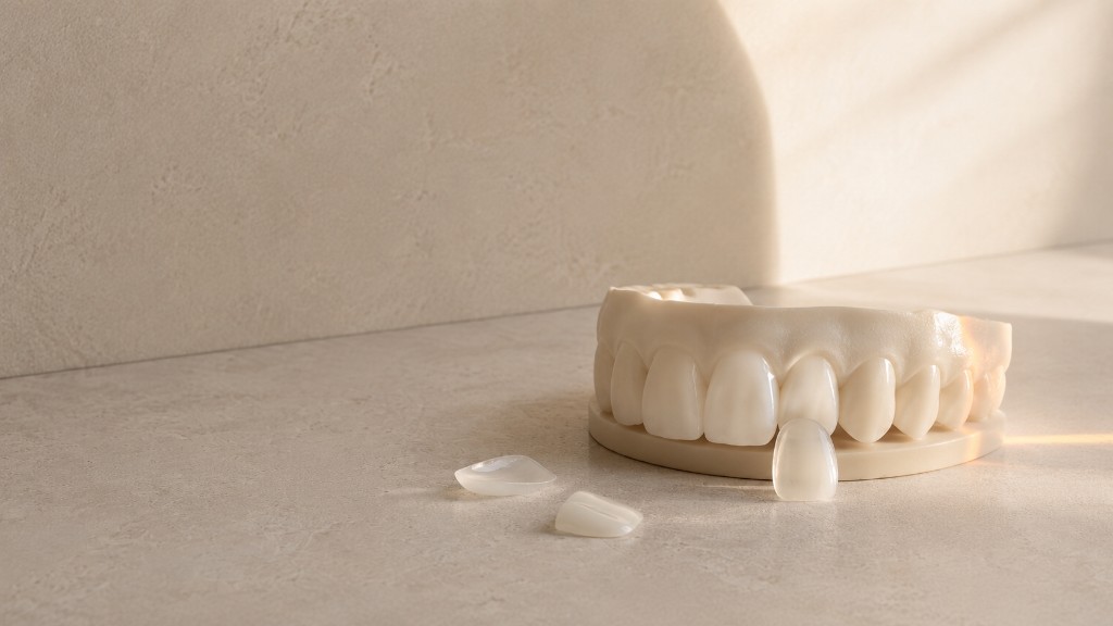 A thin no-prep veneer held over a front tooth on a dental model, with two more shells beside it.