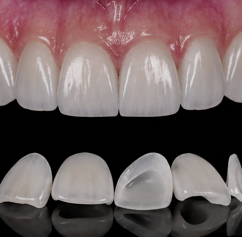 Porcelain veneers on a dental model with a shade guide.