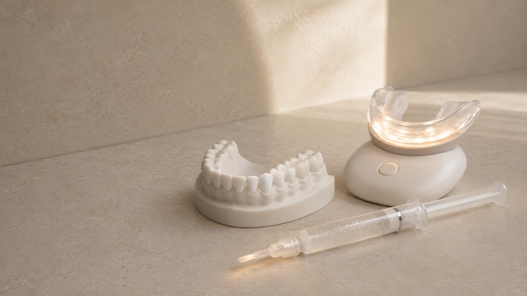 A professional teeth whitening kit with a dental model, LED mouth tray, and gel syringe.