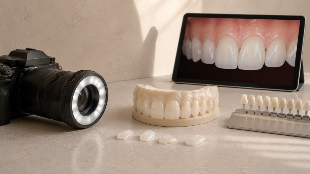 A dental camera, veneer model, shade guide, and smile preview used to plan treatment before any work begins.