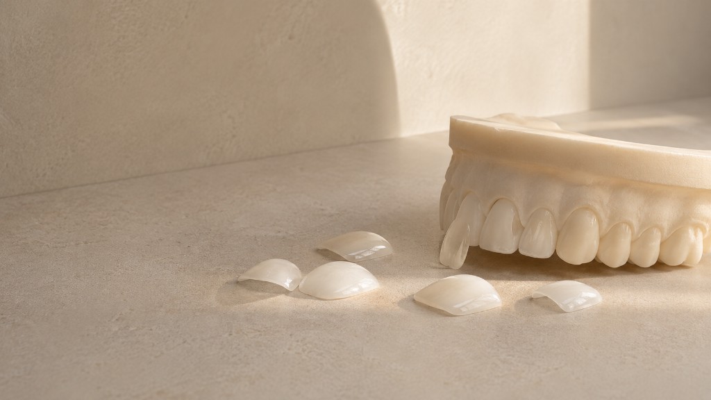 A dental model with a porcelain veneer held against a front tooth, and more veneers on the surface beside it.
