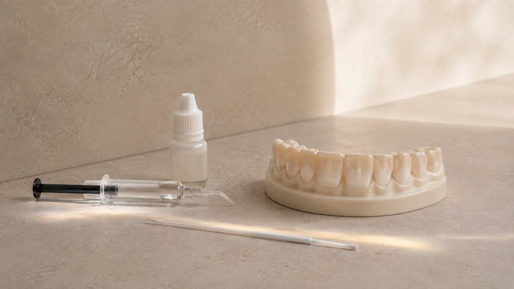 A dental model showing white spots on enamel, with a syringe, dropper bottle, and applicator brush.