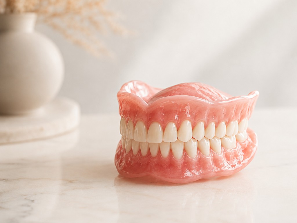 A complete set of upper and lower dentures on a marble surface.