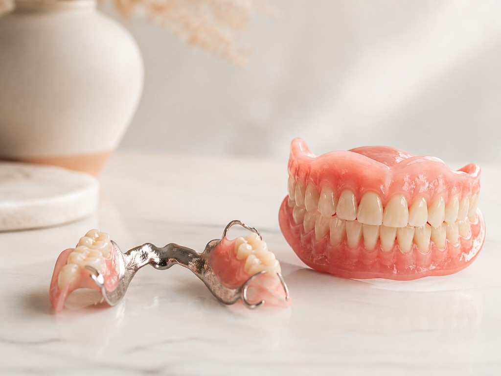 A complete set of dentures beside a metal partial denture on a marble surface.