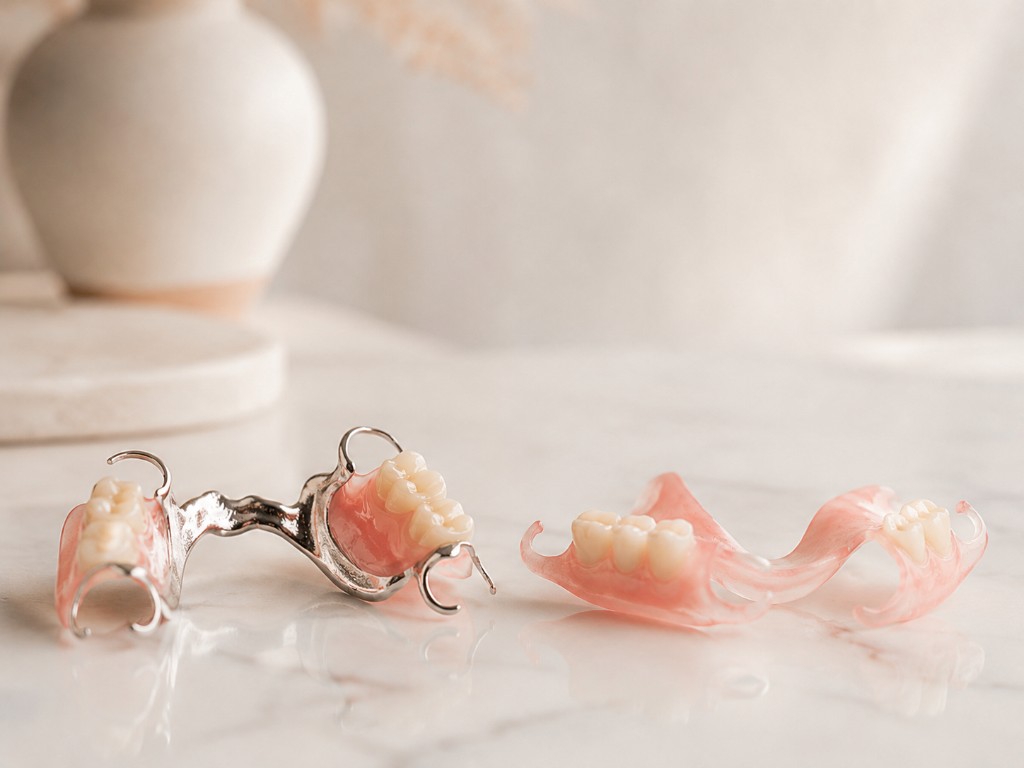 A metal partial denture on the left beside a flexible non-metal partial on the right.