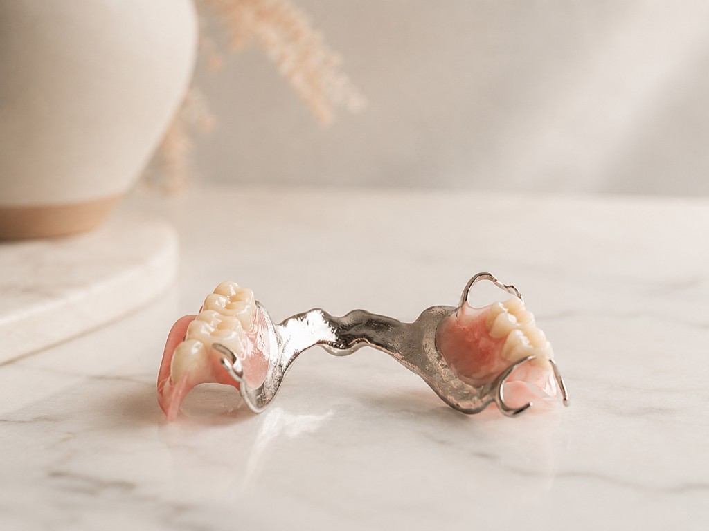 A metal-framework partial denture with clasps that rest on remaining natural teeth.
