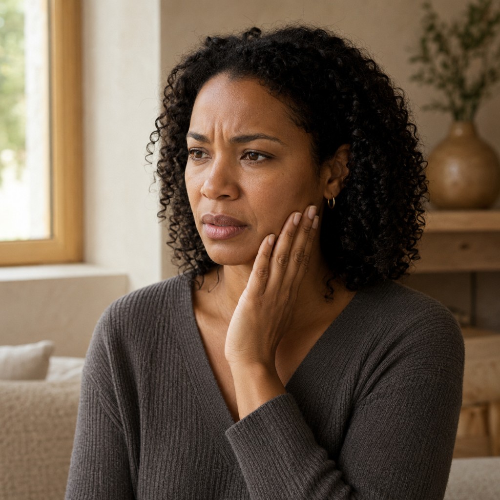 A woman holding her cheek, showing the kind of tooth pain that needs to be seen promptly.