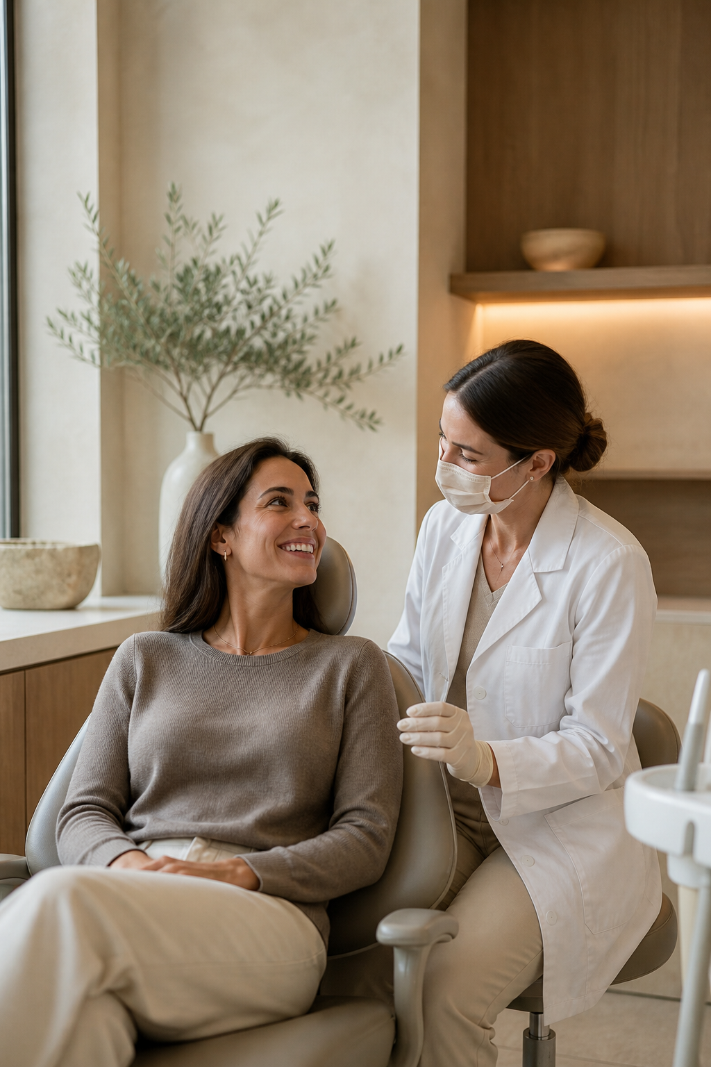 A dentist speaking with a relaxed patient in a warm, modern treatment room.