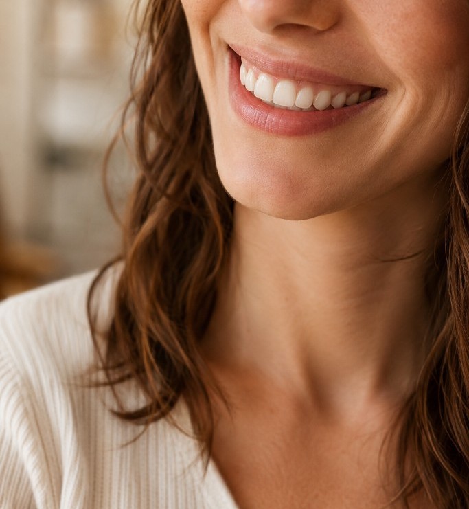 A close, natural smile photographed in warm light.