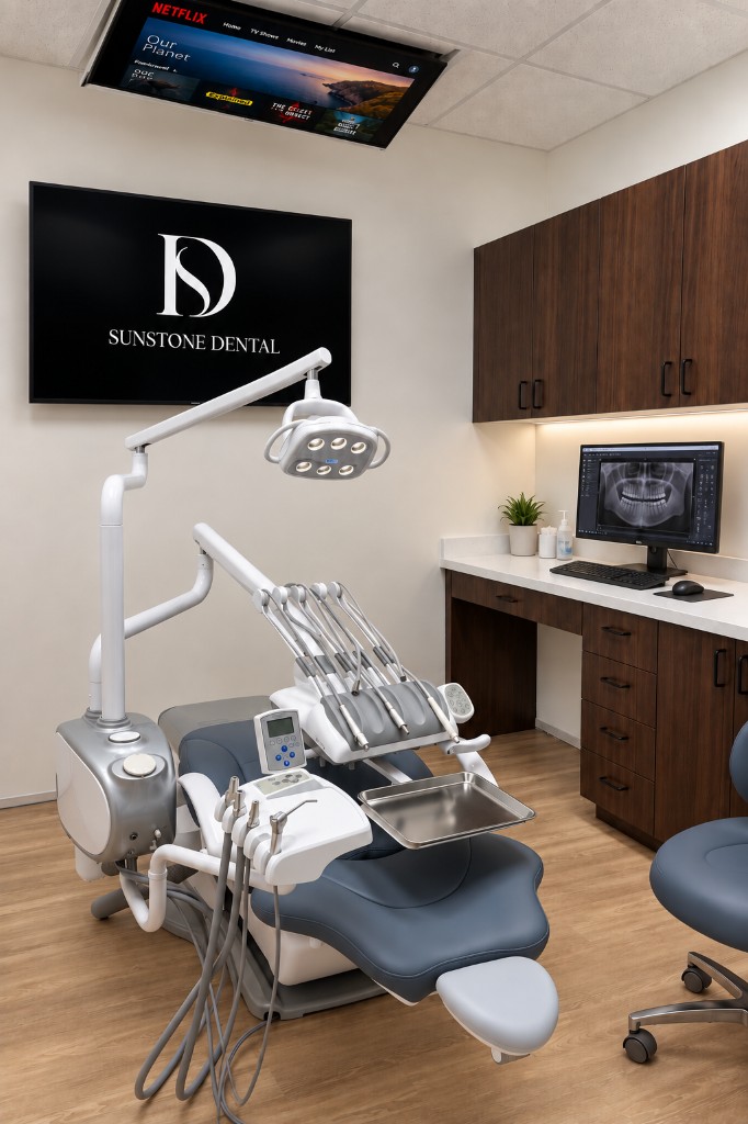 A Sunstone Dental treatment room, with the patient chair, overhead light, imaging screen, and wood cabinetry.