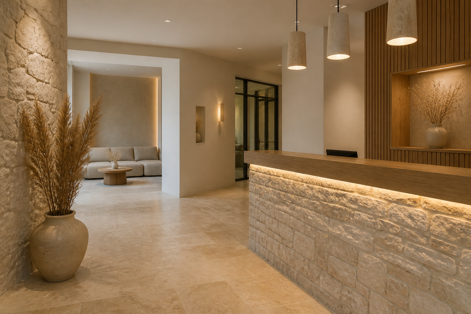 A calm, stone-and-oak reception interior with warm lighting.
