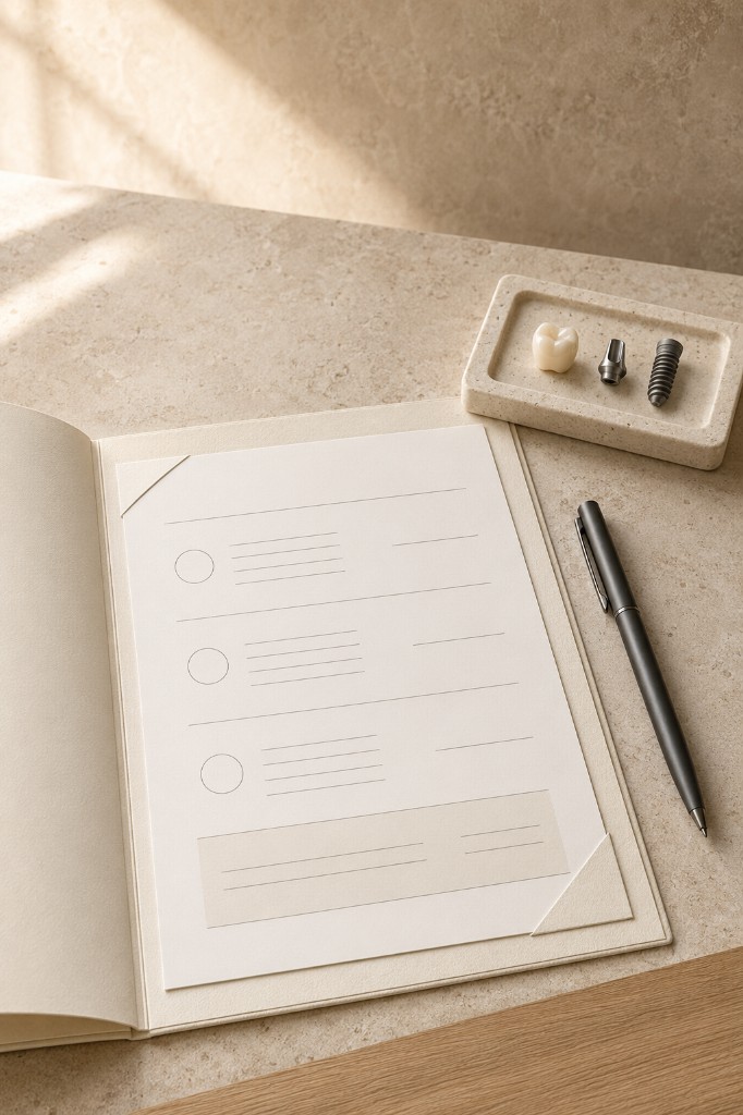 An open treatment-plan folder and pen on a desk, beside a small tray holding a crown, abutment, and implant post.
