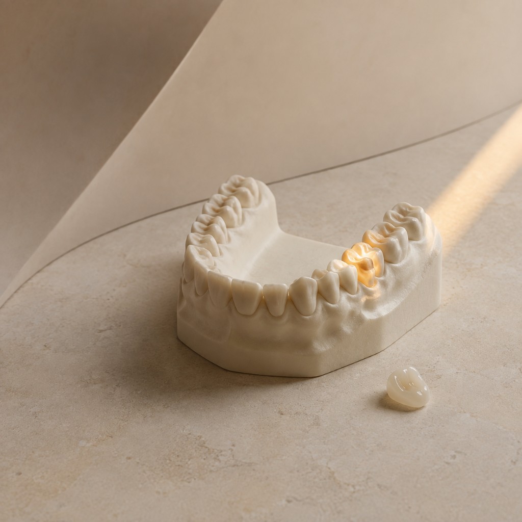 A plaster dental model with one restored tooth set in a warmer shade than the teeth around it.