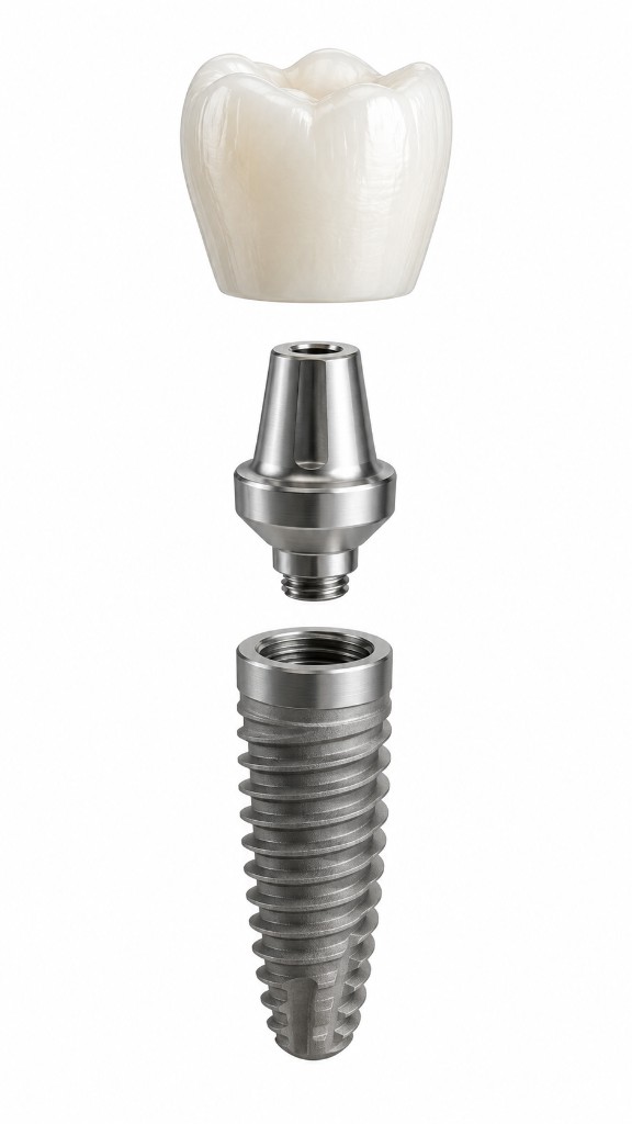 Exploded view of a dental implant, with the porcelain crown, titanium abutment, and threaded screw shown separately.