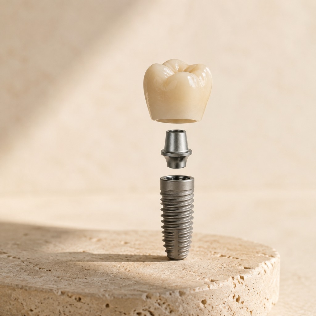 A dental implant shown in three parts — porcelain crown, titanium abutment, and threaded implant post — separated above a travertine block.