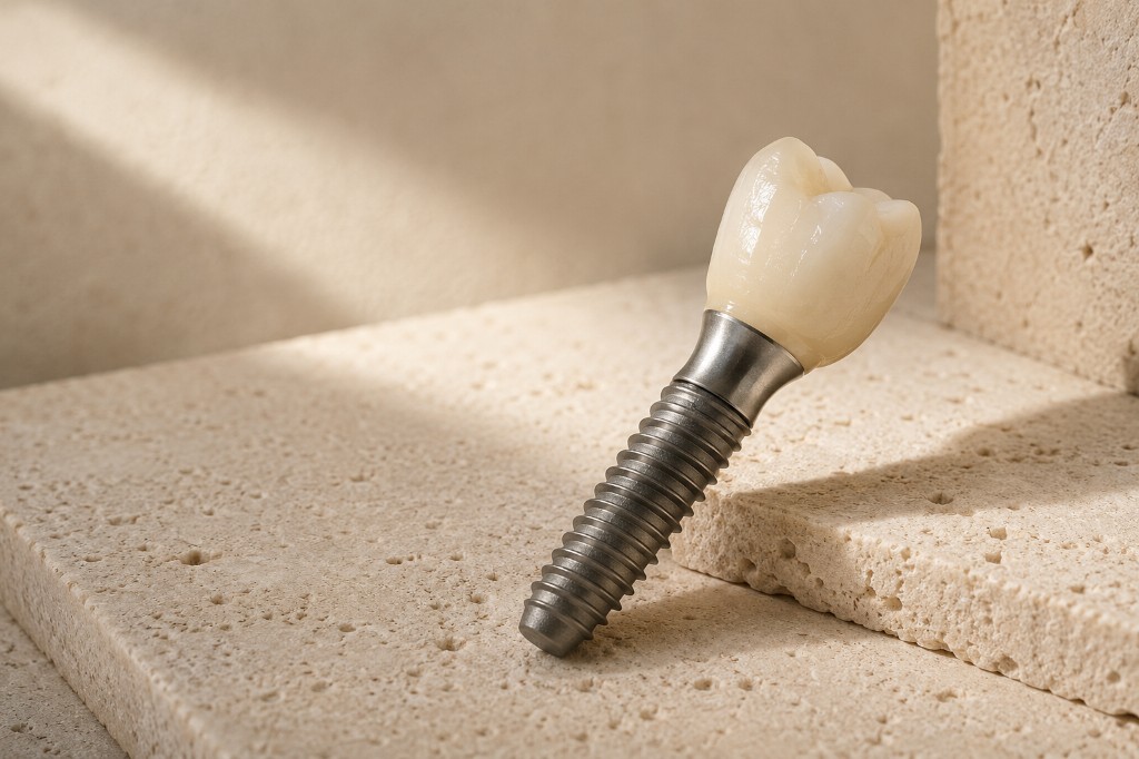 A single dental implant with its porcelain crown attached, resting on a travertine ledge in daylight.