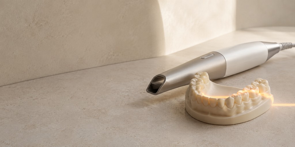 An intraoral scanner beside a dental model, with one tooth lit in a warmer shade.