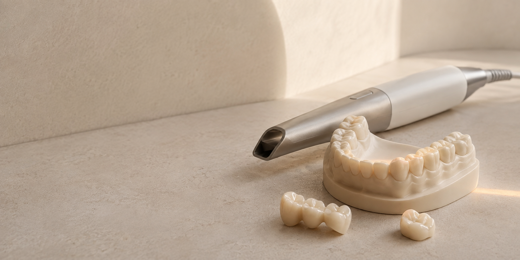 An intraoral scanner beside a dental model, with a warm scanning light across the teeth.